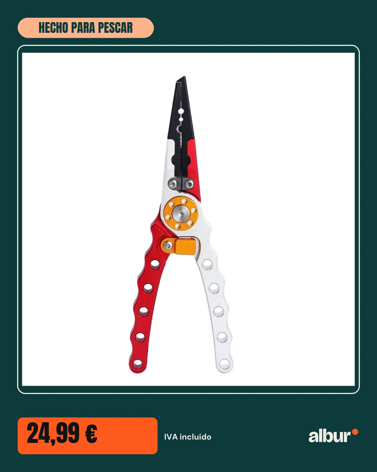 Alicates de pesca de aluminio con funda, rojo y plata, formato vertical · albur